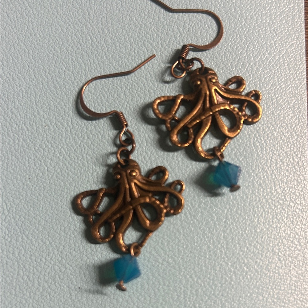 Brass/Bronze  Octopus Kracken‎ Earrings with Blue Accents - Dangles